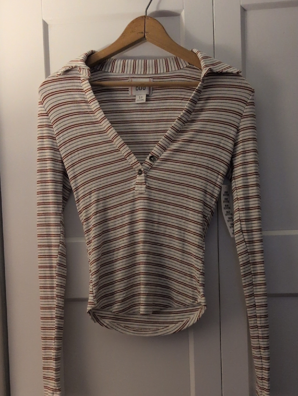 BDG Cream Long-Sleeve Striped Henley with Rust and Gray Accents